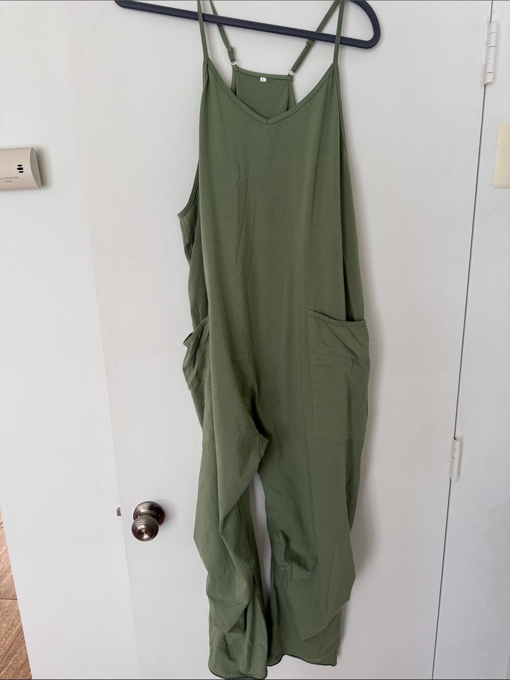Relaxed Olive Green Spaghetti-Strap Jumpsuit with Pockets